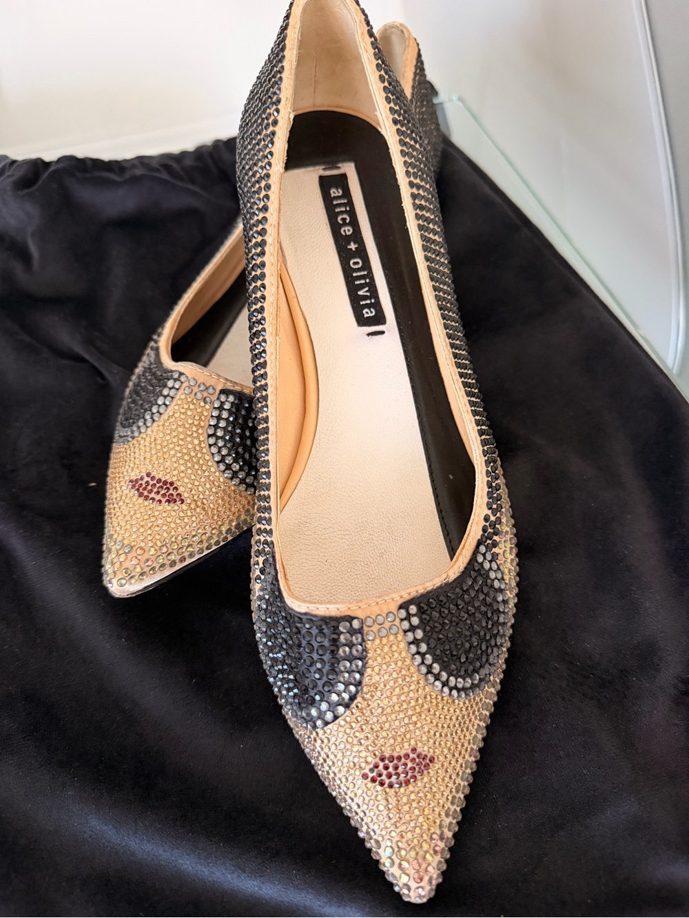 Alice + Olivia Gold Crystal Embellished Pointed Flat with Black & Red Accents - Picture 2 of 5